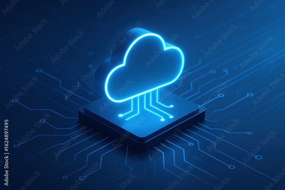 Poster cloud computing on digital: an illuminated cloud icon rests atop a microchip, connected by circuits,