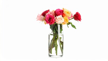 Circular bouquet of red, pink, and yellow roses in a clear glass vase filled with water&mdash;vibrant, romantic, and elegant.