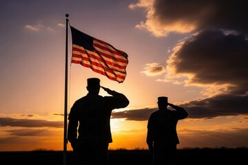 Soldiers salute american flag at sunset