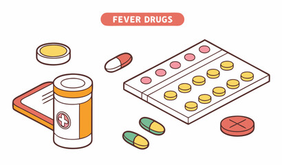 Set of medications. Collection of pills in package. Fever drugs, pharmaceuticals and treatment. Icons for medical website. Cartoon isometric vector illustrations isolated on white background
