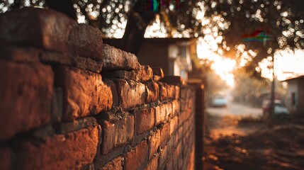 Sunlight illuminates potted plants against a brick wall in an outdoor garden setting during golden hour