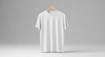 A plain white t-shirt hangs on a wooden hanger against a neutral gray background, showcasing its simple design and form.