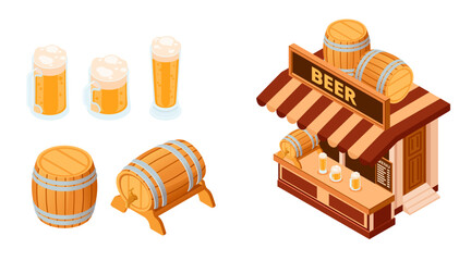Isometric beer stand set. Wooden kiosk with brown striped awning and BEER signage. Beer glasses with foam. Wooden barrels in different positions. Vector illustration isolated on white