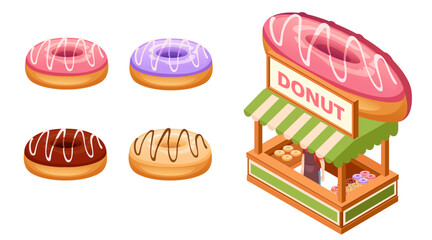 Isometric donut shop collection. Glazed donuts in pink, purple, chocolate, caramel varieties. Green striped kiosk with DONUT signage. Food cart with display counter. Vector illustration isolated
