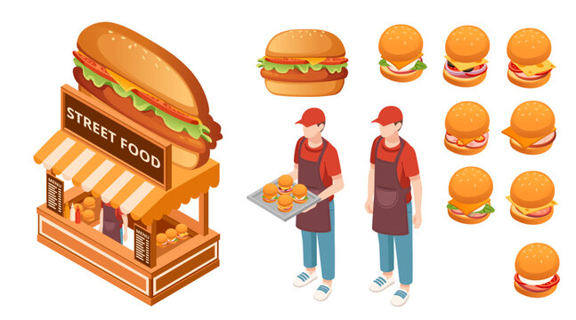 Isometric burger stand set. Fast food cart with orange awning. Multiple burger styles. Staff in red uniforms. Street food kiosk design. Vector illustration isolated on white