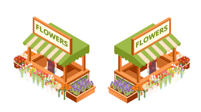 Isometric flower stand collection. Twin green kiosks with FLOWERS signage. Green awnings over display counters. Various potted plants and cut flowers in different colors. Vector isolated on white