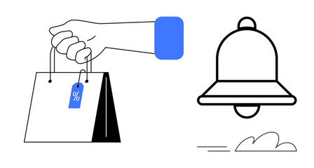 Hand holding paper shopping bag with blue discount tag, adjacent notification bell icon. Ideal for e-commerce, discounts, shopping, sales alerts, reminders, offers promotions. Simple flat metaphor