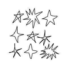 Hand-drawn black star doodle vector set on transparent background. Marker-style shining stars and sparkles for comic effects, celebrations, UI elements, and festive design.