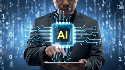 Artificial intelligence technology and innovation with businessman using digital tablet, glowing AI chip, futuristic circuit, data processing, modern computing, and smart virtual science progress - Powered by Adobe