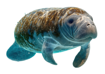 Swimming manatee in crystal clear waters of the ocean underwater marine life isolated on transparent background