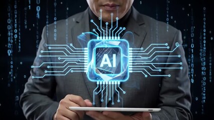 Businessman using digital tablet with glowing AI microchip hologram, surrounded by binary code, interacting with artificial intelligence technology, digital innovation, futuristic data, microchip - Powered by Adobe