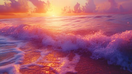 Vibrant sunset over ocean waves with colorful clouds