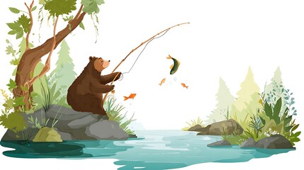 Bear goes fishing in a river. Illustration style for web design, marketing material, editorial, animation.
