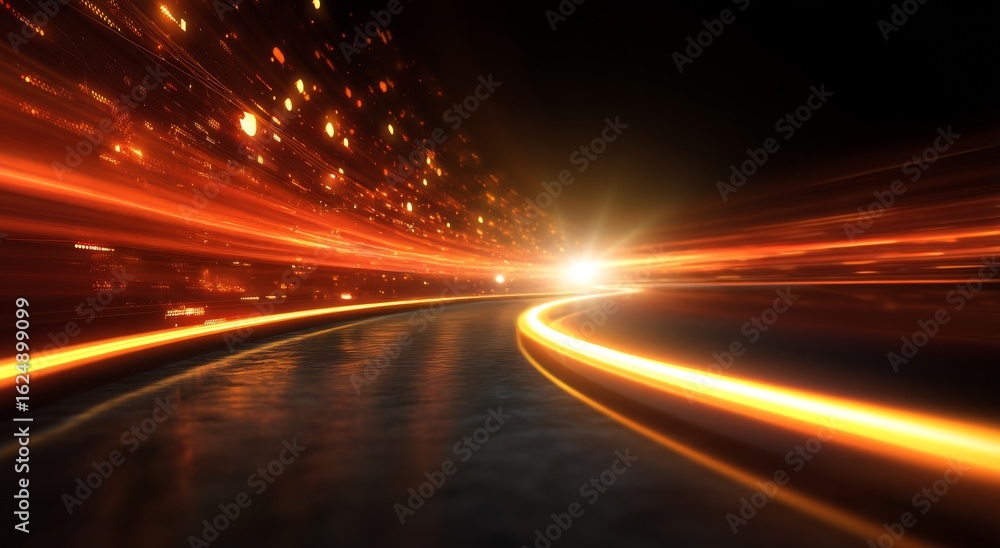 Poster dynamic light trails with radiant glow in dark background for abstract motion and energy concepts