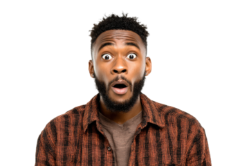 Surprised reaction of a young man studio portrait. Isolated on transparent background, png.
