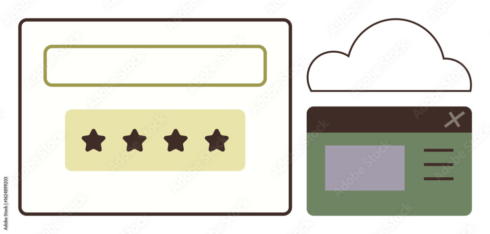 Poster user interface showing a rating panel with stars, search bar, cloud storage icon, and dashboard layo