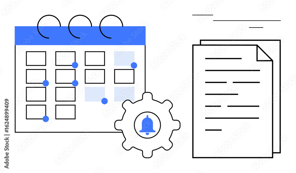 Poster calendar with marked dates, gear with bell icon, and document stack emphasizing scheduling, reminder