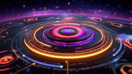 Abstract Futuristic Vortex with Colorful Circular Lines and Digital Elements for Technology Background