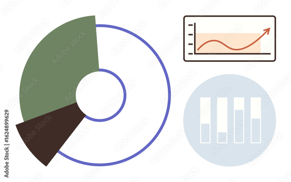 Aufkleber pie chart, upward line graph, bar chart for data analysis, growth tracking, statistical comparison. 