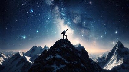 Climber silhouetted atop a snow-capped mountain peak, reaching towards a vibrant night sky filled with stars and a milky way