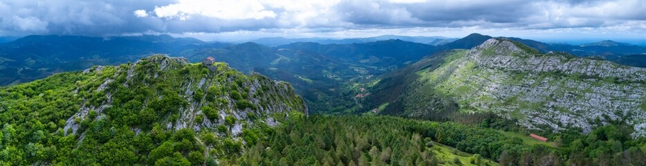 Aerial view from a drone of the area surrounding the Hermitage of Santa Eufemia in Aulesti, in the province of Bizkaia, in the autonomous community of the Basque Country. Spain. Europe