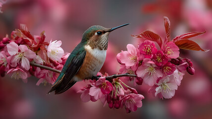 Naklejka premium Hummingbird Perched On Pink Blossoms