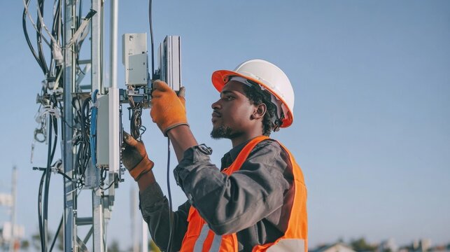 Technician Works on Antenna Replacement at Midday - Powered by Adobe