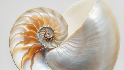 Obraz premium Close-up of a nautilus shell, showcasing its intricate spiral and pearlescent interior