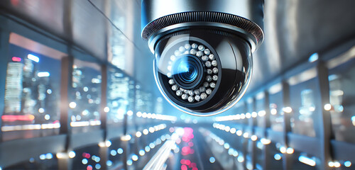 A high-tech security camera with a sleek, modern design, suspended in an indoor urban environment