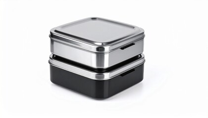 Stacked square containers with metallic and plastic finishes—juxtaposing industrial precision with utilitarian design.