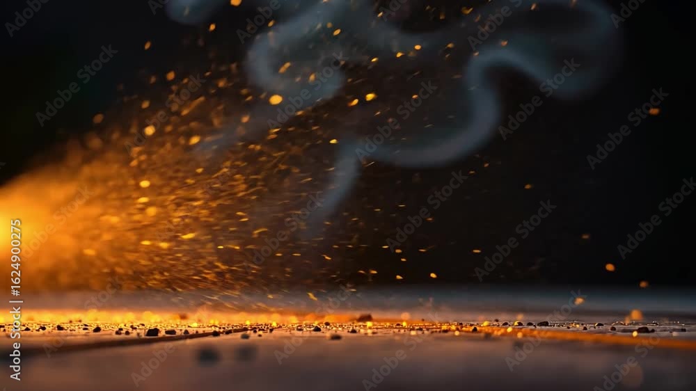 Poster dynamic energy of glowing sparks and smoke rising from surface, interplay of light and shadow create