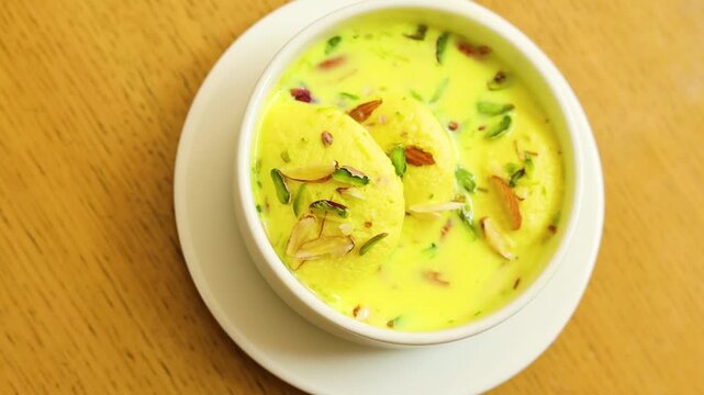 Ras malai an indian sweet dish garnished with pistachios 