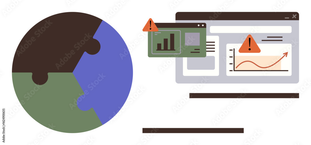 Poster puzzle-piece globe next to data dashboards with red alert icons signaling issues. ideal for sustaina