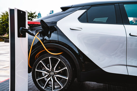 Toyota C-HR SUV Battery Electric Car Charging Station Supply Equipment, EV Plug-In Charge Point, London, UK - July 2025