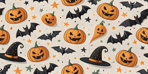 Spooky Halloween pattern featuring grinning pumpkins, mischievous bats, and witch hats against a textured beige background. A festive design perfect for autumn celebrations.