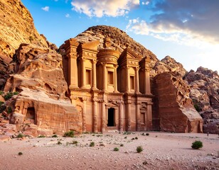 Ancient sandstone monastery at sunset