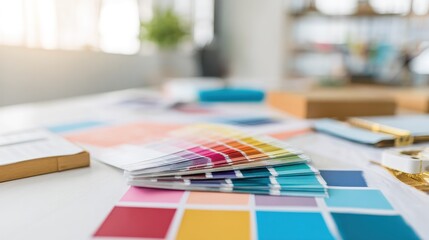 Top view of a minimalist design studio workspace with creative tools and swatch palette