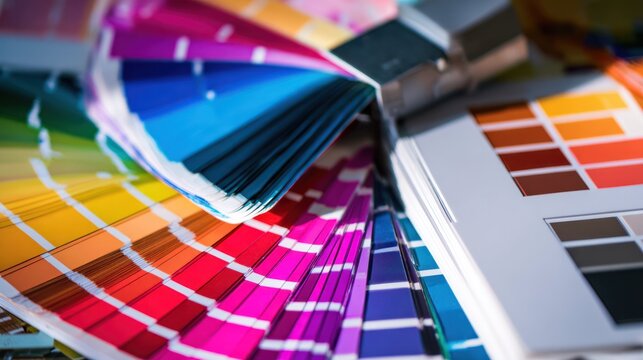 Modern creative workspace with vibrant color samples and artistic tools on a clean desk