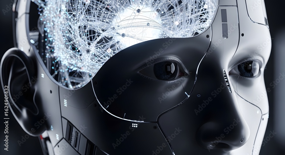 Poster exploring the intricate network within a robotic mind, a fusion of technology and consciousness, a g