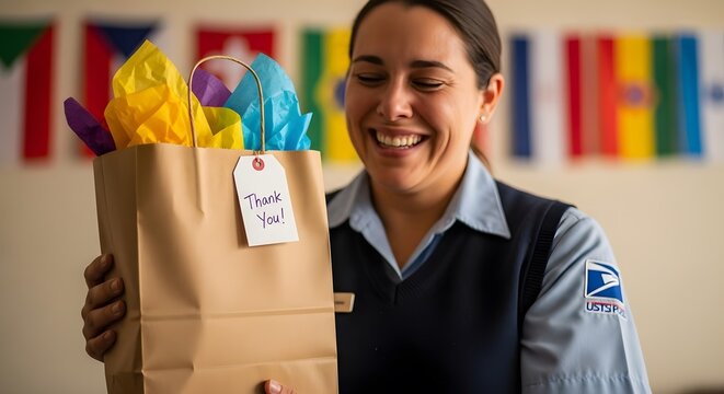 A smiling postal worker holds a gift bag, filled with colorful tissue paper, a heartfelt thank you note attached. International flags blur in the background.