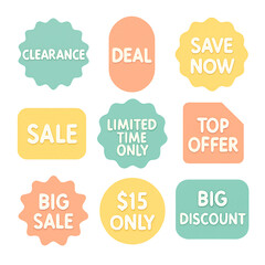 Illustration of nine colorful promotional sale stickers with various discount phrases displayed
