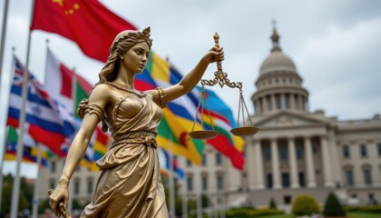 Obraz premium lady justice against a backdrop of waving national flags and government buildings