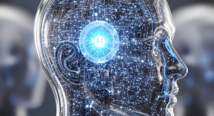 Digital Mind A futuristic AI head, its transparent form revealing intricate circuitry and a glowing AI core, symbolizes technological advancement and the future of intelligence.