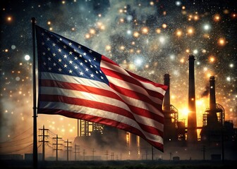 American flag waves proudly against industrial night sky with fireworks