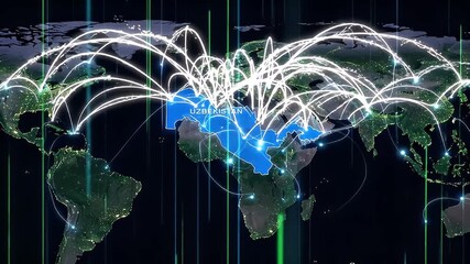 Uzbekistan Map Global Digital Connections and Data Flow - Powered by Adobe