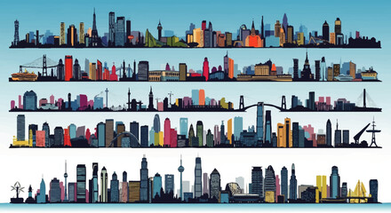 Obraz premium Collection of diverse city skylines, showcasing various architectural styles and urban landscapes across multiple rows.