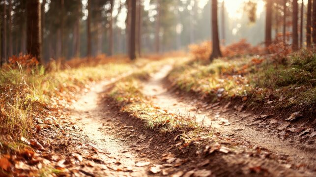 Golden hour forest path scattered with leaves, suitable for adventure guides, calendar art, and tranquil compositions.