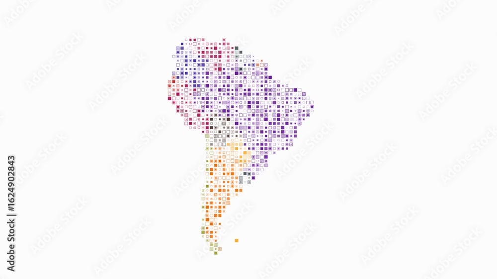 Poster south america dotted animation. shape of the continent build of pulsating colored dots. small size s