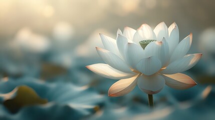 Close-up of lotus flower with soft petals and ethereal pale pink and blue background radiating peace