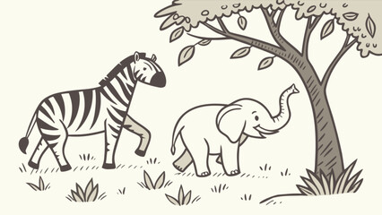 Cartoon zebra and elephant illustration walking in safari with tree drawing for kids learning art 100